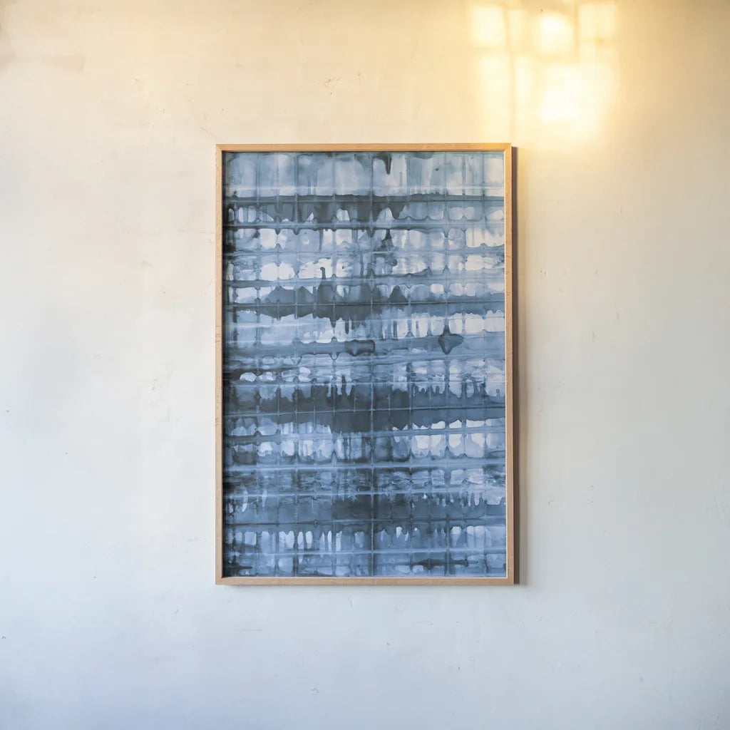 Kanari I Indigo by Melissa Averinos. shown as a paper print in a natural frame. Available as a archival giclee rolled canvas, fine art paper, or poster print. SKU 43113h.