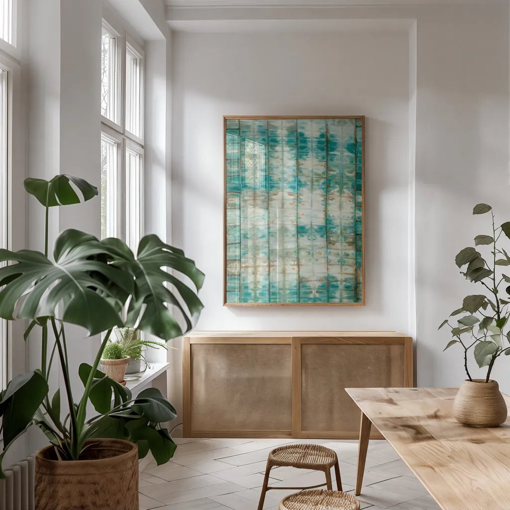 Kanari II by Melissa Averinos. shown as a print in a natural wood frame in a dining room. Available as a archival giclee rolled canvas, fine art paper, or poster print. SKU 42875h.