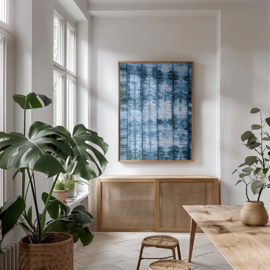 Kanari II Indigo by Melissa Averinos. shown as a print in a natural wood frame in a dining room. Available as a archival giclee rolled canvas, fine art paper, or poster print. SKU 43114h.