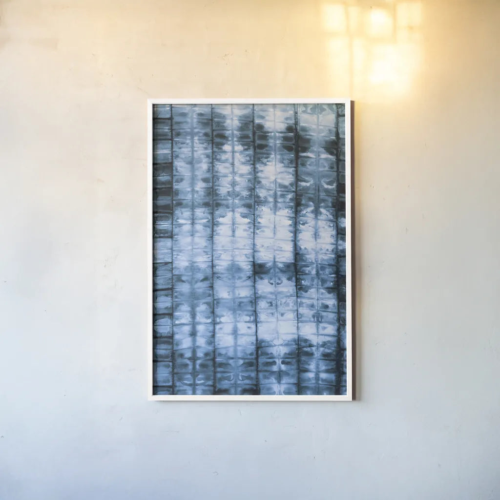 Kanari II Indigo by Melissa Averinos. shown as a paper print in a white frame. Available as a archival giclee rolled canvas, fine art paper, or poster print. SKU 43114h.