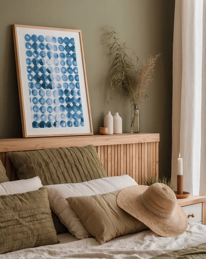 Kanari III Indigo by Melissa Averinos. shown as a paper print in a natural frame. Available as a archival giclee rolled canvas, fine art paper, or poster print. SKU 43115h.