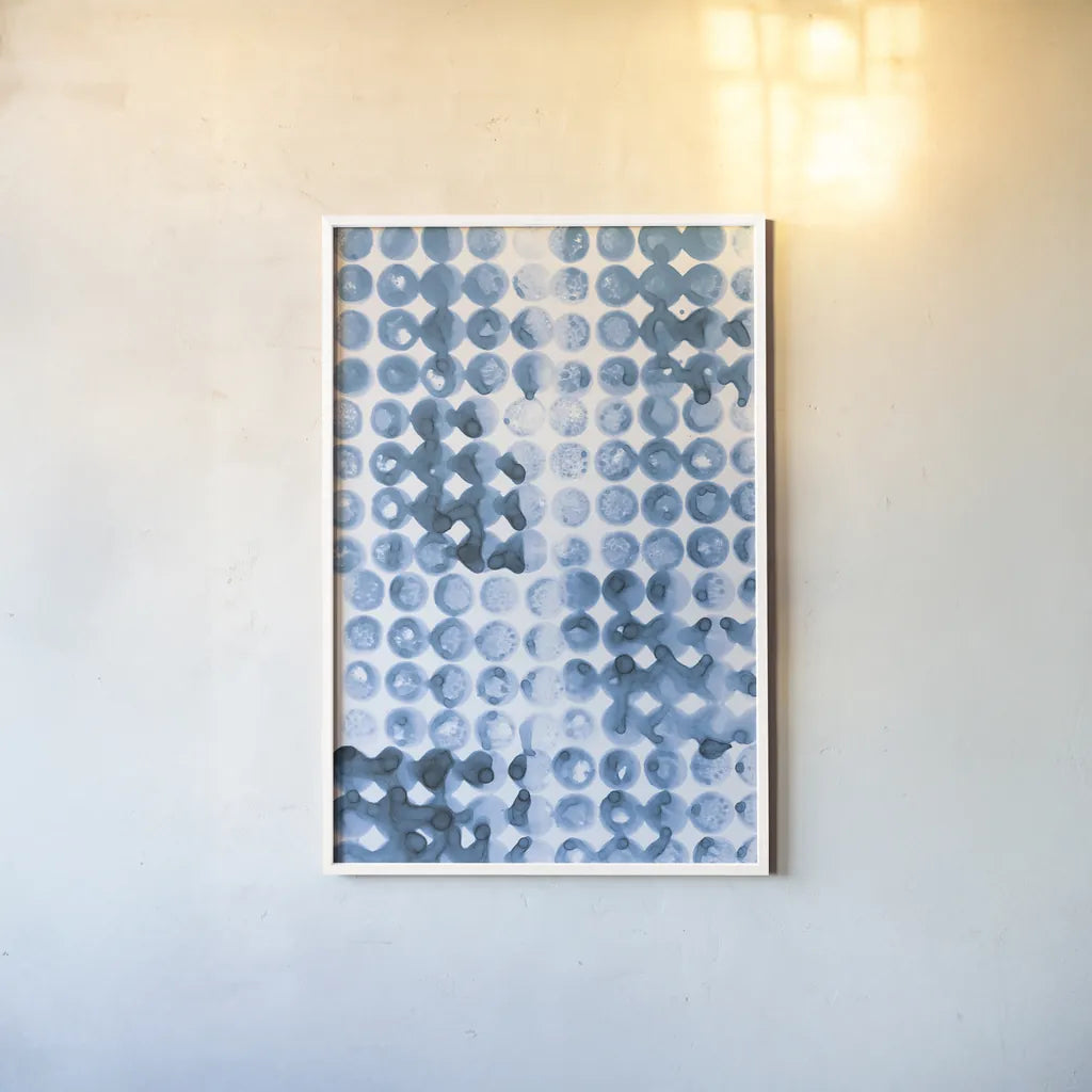 Kanari III Indigo by Melissa Averinos. shown as a paper print in a white frame. Available as a archival giclee rolled canvas, fine art paper, or poster print. SKU 43115h.