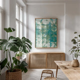 Kanari IV by Melissa Averinos. shown as a print in a natural wood frame in a dining room. Available as a archival giclee rolled canvas, fine art paper, or poster print. SKU 42877h.