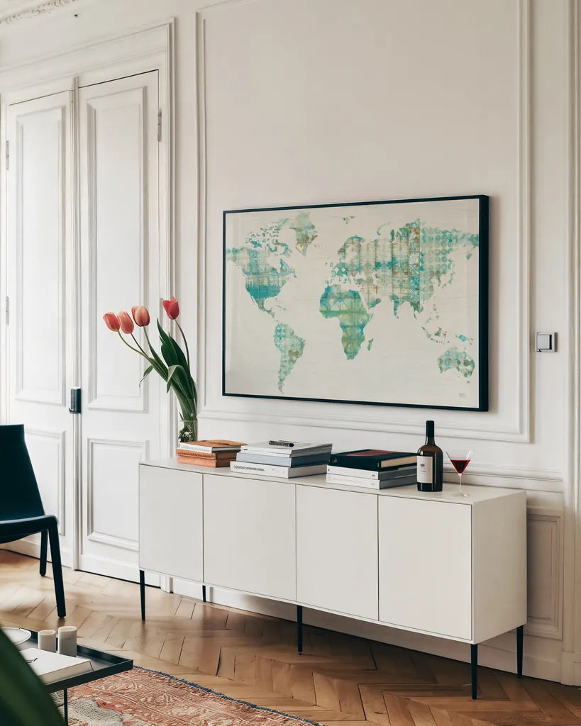 Kanari Map by Melissa Averinos. shown as a framed stretched canvas in a living room above a console. Available as a archival giclee rolled canvas, fine art paper, or poster print. SKU 43215i.