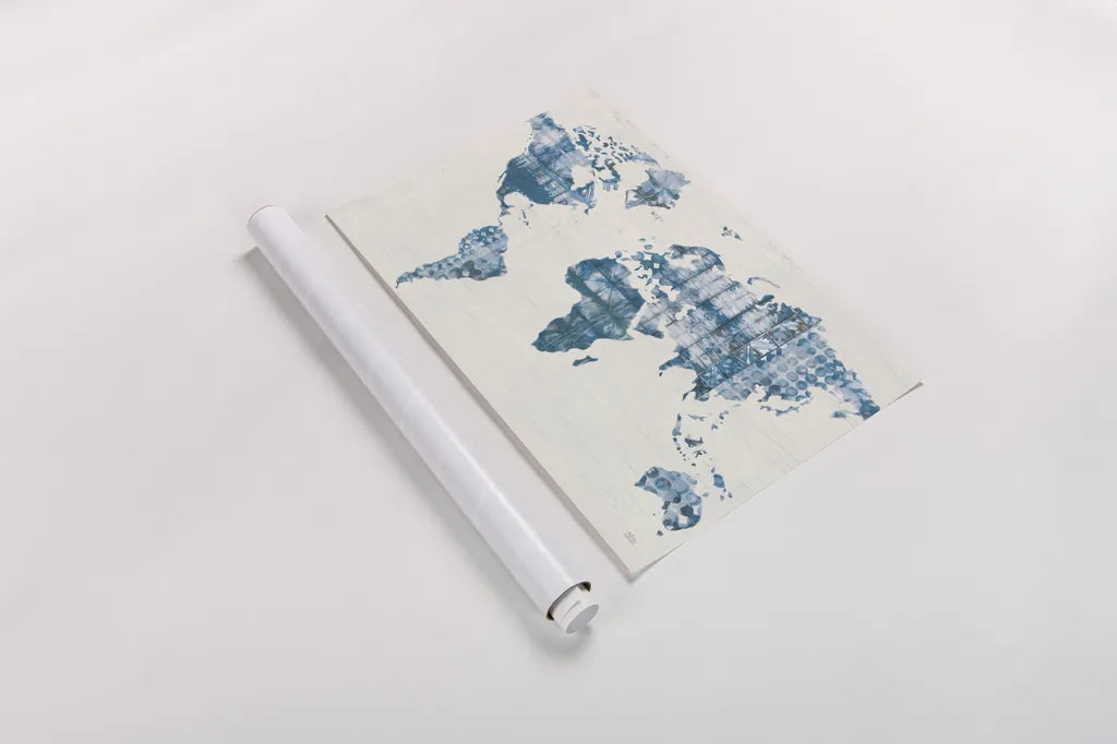 Kanari Map Indigo by Melissa Averinos. shown as a rolled paper print. Available as archival giclee rolled canvas, fine art paper, or poster print. SKU 43216i.