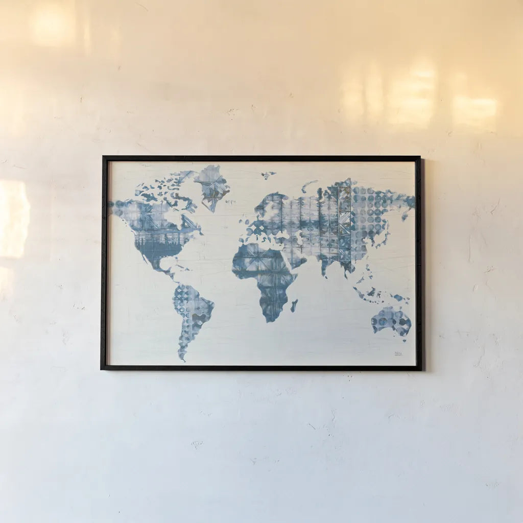 Kanari Map Indigo by Melissa Averinos. shown as a paper print in a black flame. Available as a archival giclee rolled canvas, fine art paper, or poster print. SKU 43216i.