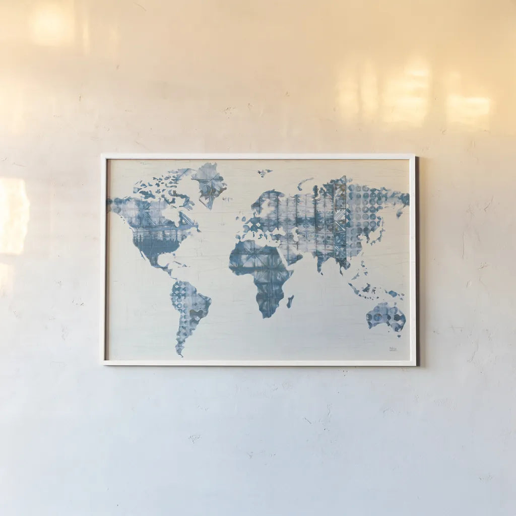 Kanari Map Indigo by Melissa Averinos. shown as a paper print in a white frame. Available as a archival giclee rolled canvas, fine art paper, or poster print. SKU 43216i.