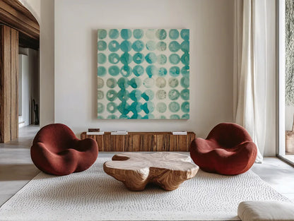 Kanari Square I by Melissa Averinos. Shown as extra-large giant wall art in a modern living room. Available as an archival giclee rolled canvas, fine art paper, or poster print. SKU 42880a.