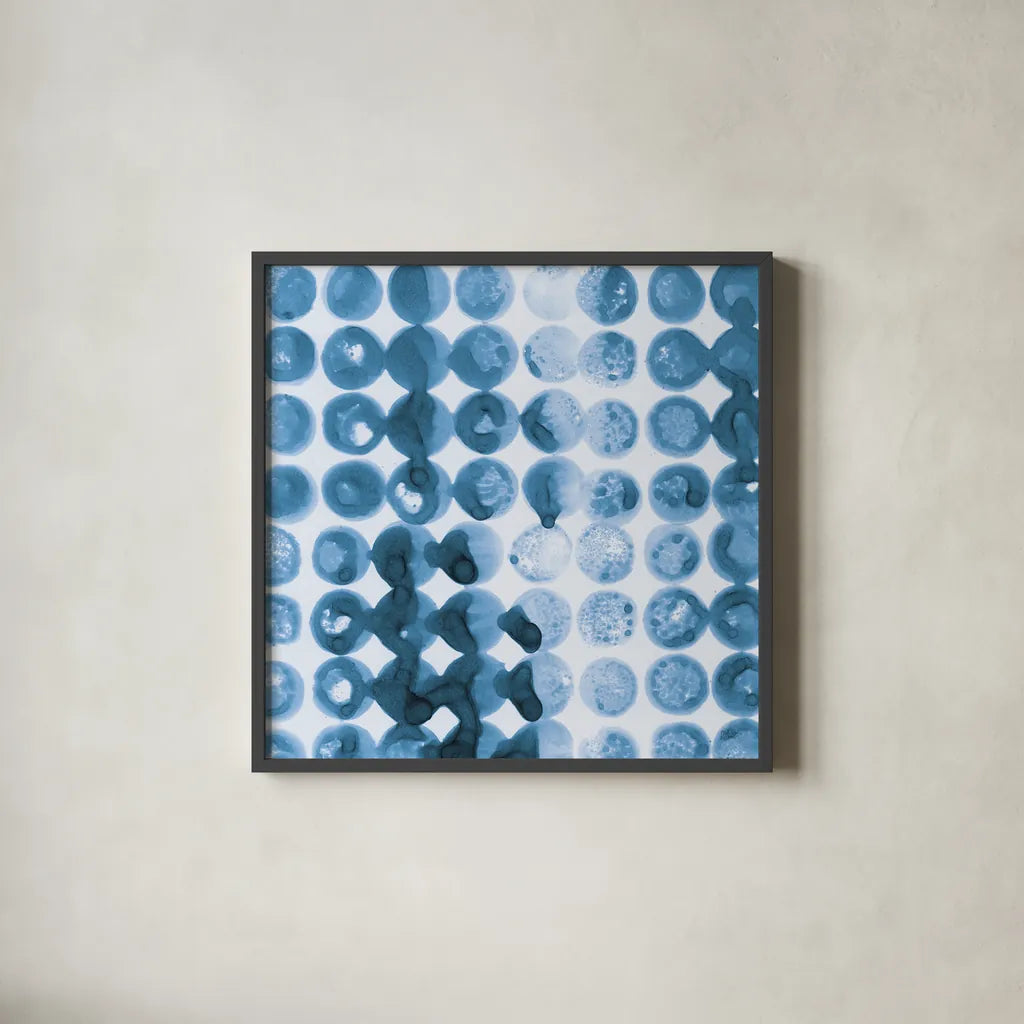 Kanari Square I Indigo by Melissa Averinos. Shown in a sleek black glass frame for a contemporary gallery look. Available as an archival giclee rolled canvas, fine art paper, or poster print. SKU 43111a.