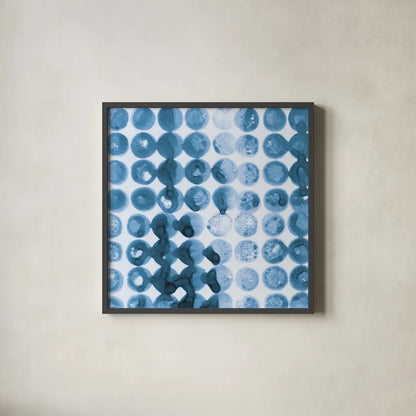Kanari Square I Indigo by Melissa Averinos. Shown in a sleek black glass frame for a contemporary gallery look. Available as an archival giclee rolled canvas, fine art paper, or poster print. SKU 43111a.