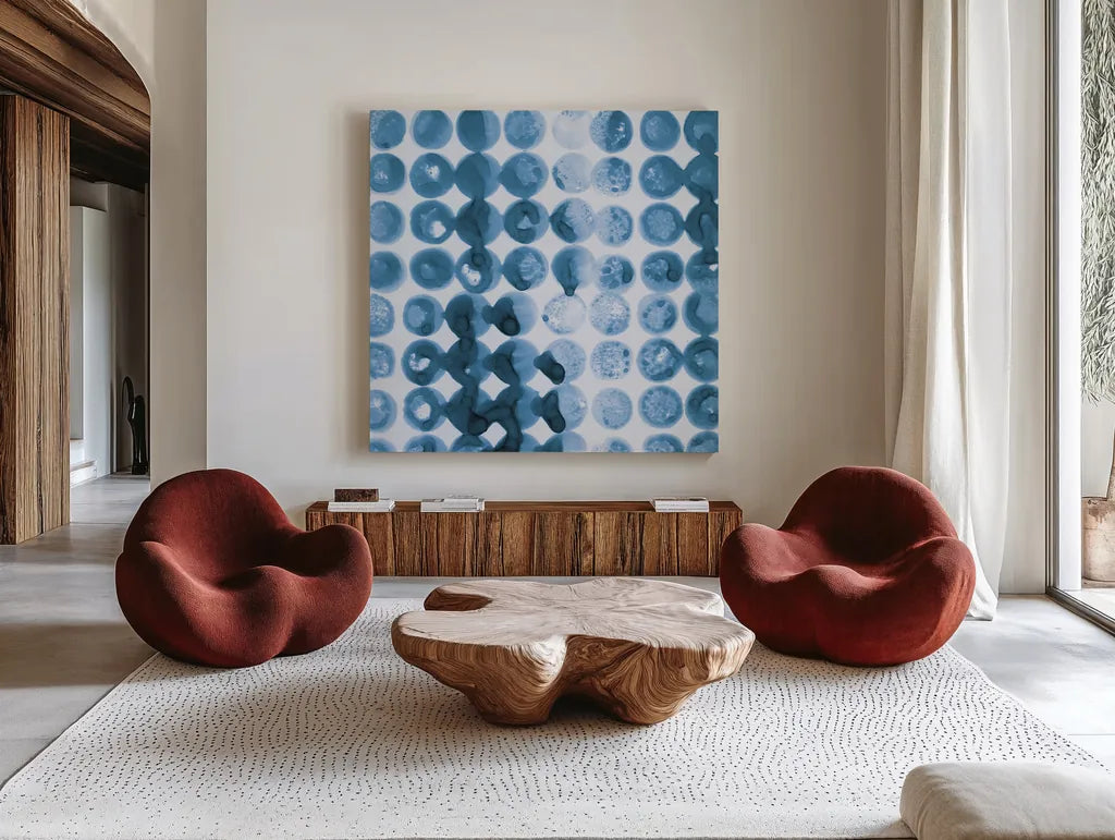 Kanari Square I Indigo by Melissa Averinos. Shown as extra-large giant wall art in a modern living room. Available as an archival giclee rolled canvas, fine art paper, or poster print. SKU 43111a.