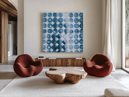 Kanari Square I Indigo by Melissa Averinos. Shown as extra-large giant wall art in a modern living room. Available as an archival giclee rolled canvas, fine art paper, or poster print. SKU 43111a.
