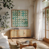 Kanari Square II by Melissa Averinos. Shown in a natural wood frame in a cozy modern living room. Available as an archival giclee rolled canvas, fine art paper, or poster print. SKU 42881a.