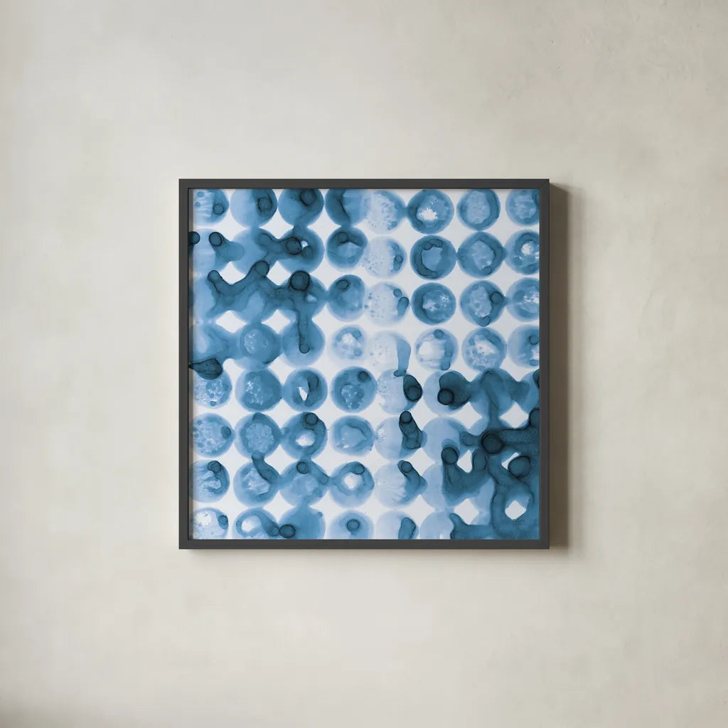 Kanari Square II Indigo by Melissa Averinos. Shown in a sleek black glass frame for a contemporary gallery look. Available as an archival giclee rolled canvas, fine art paper, or poster print. SKU 43112a.