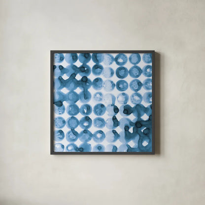 Kanari Square II Indigo by Melissa Averinos. Shown in a sleek black glass frame for a contemporary gallery look. Available as an archival giclee rolled canvas, fine art paper, or poster print. SKU 43112a.