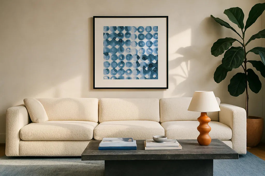 Kanari Square II Indigo by Melissa Averinos. Displayed in a glass frame with matte in a clean modern living room. Available as an archival giclee rolled canvas, fine art paper, or poster print. SKU 43112a.