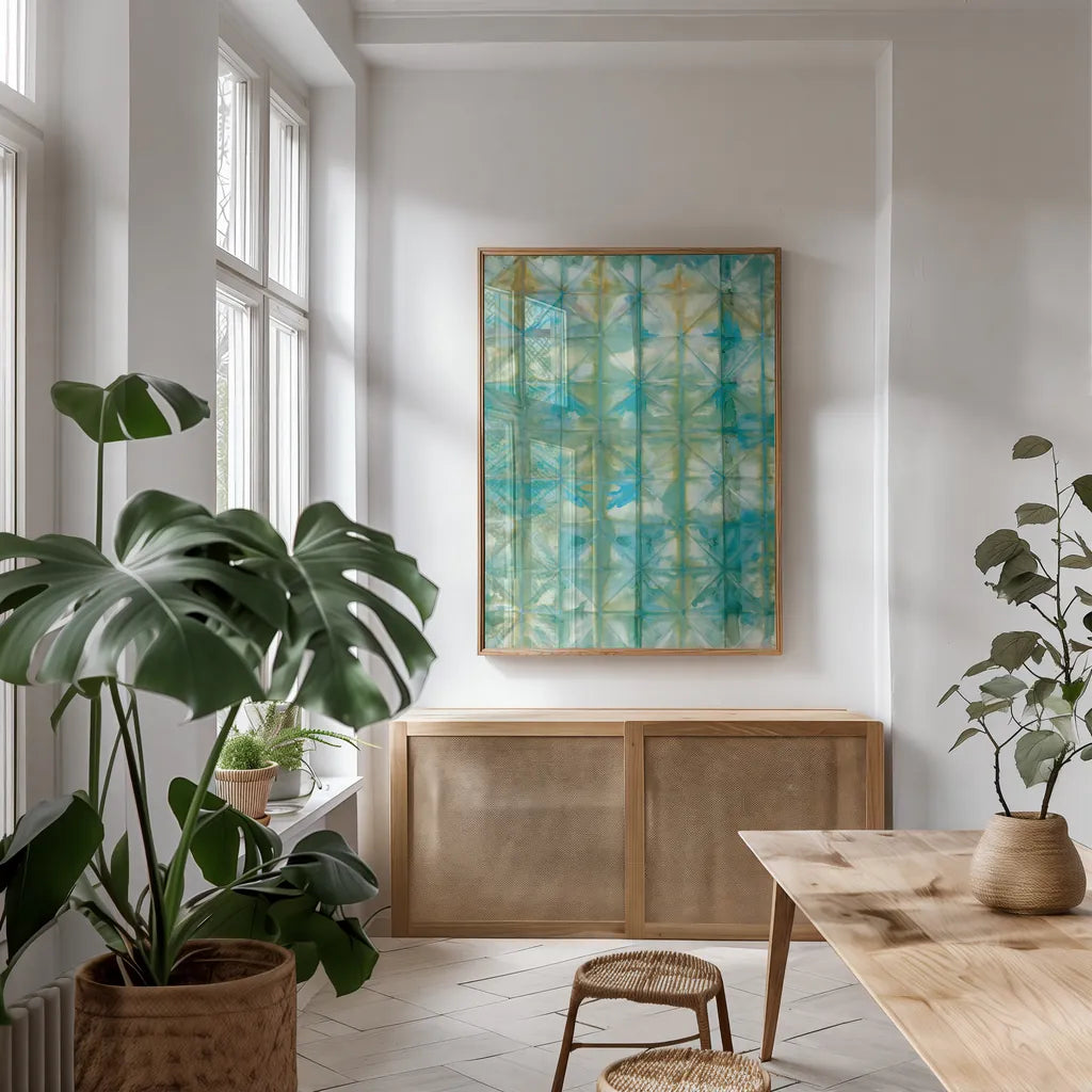 Kanari V by Melissa Averinos. shown as a print in a natural wood frame in a dining room. Available as a archival giclee rolled canvas, fine art paper, or poster print. SKU 42878h.