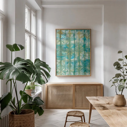 Kanari V by Melissa Averinos. shown as a print in a natural wood frame in a dining room. Available as a archival giclee rolled canvas, fine art paper, or poster print. SKU 42878h.