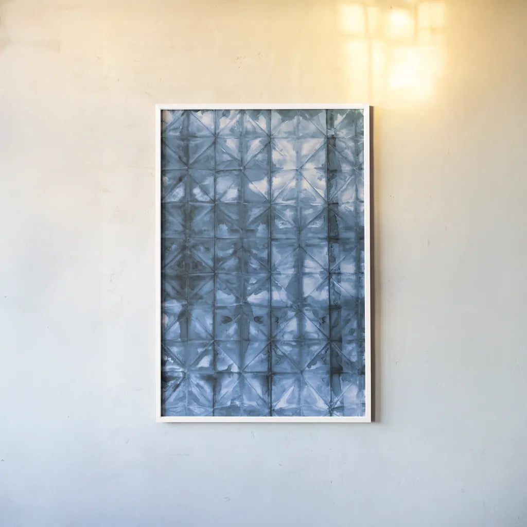 Kanari V Indigo by Melissa Averinos. shown as a paper print in a white frame. Available as a archival giclee rolled canvas, fine art paper, or poster print. SKU 43117h.
