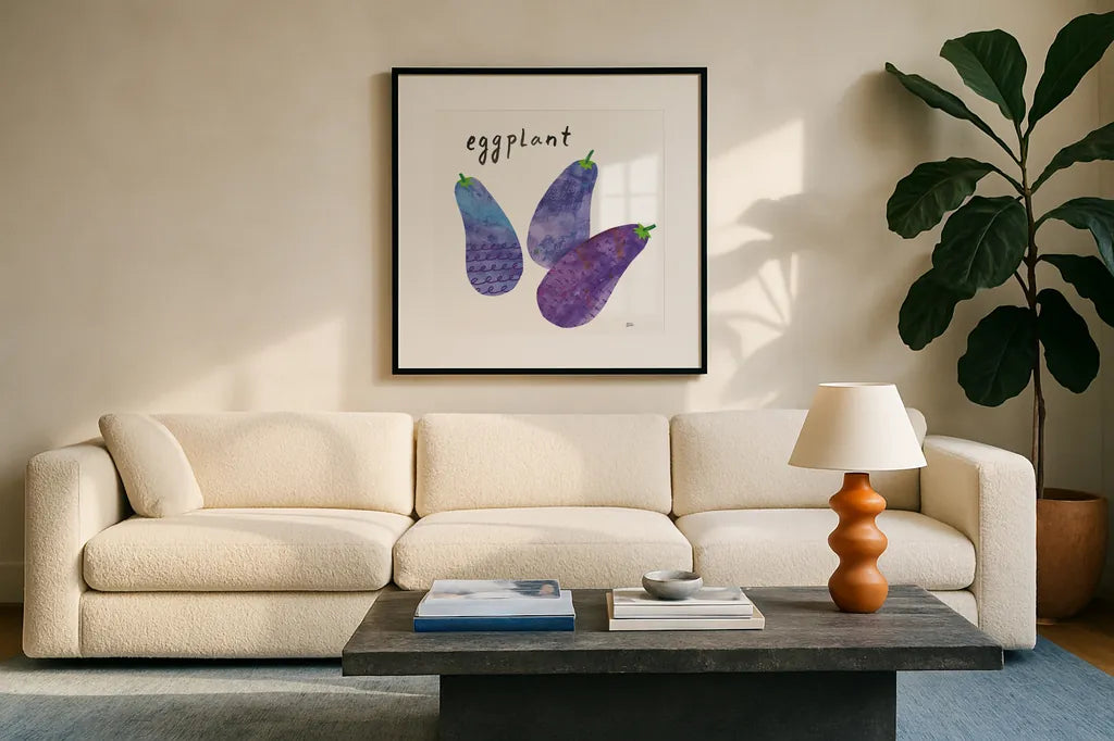 Kitchen Garden I by Melissa Averinos. Displayed in a glass frame with matte in a clean modern living room. Available as an archival giclee rolled canvas, fine art paper, or poster print. SKU 33384a.