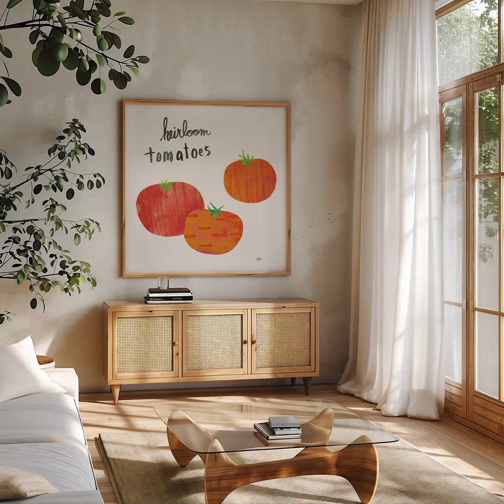 Kitchen Garden II by Melissa Averinos. Shown in a natural wood frame in a cozy modern living room. Available as an archival giclee rolled canvas, fine art paper, or poster print. SKU 33385a.