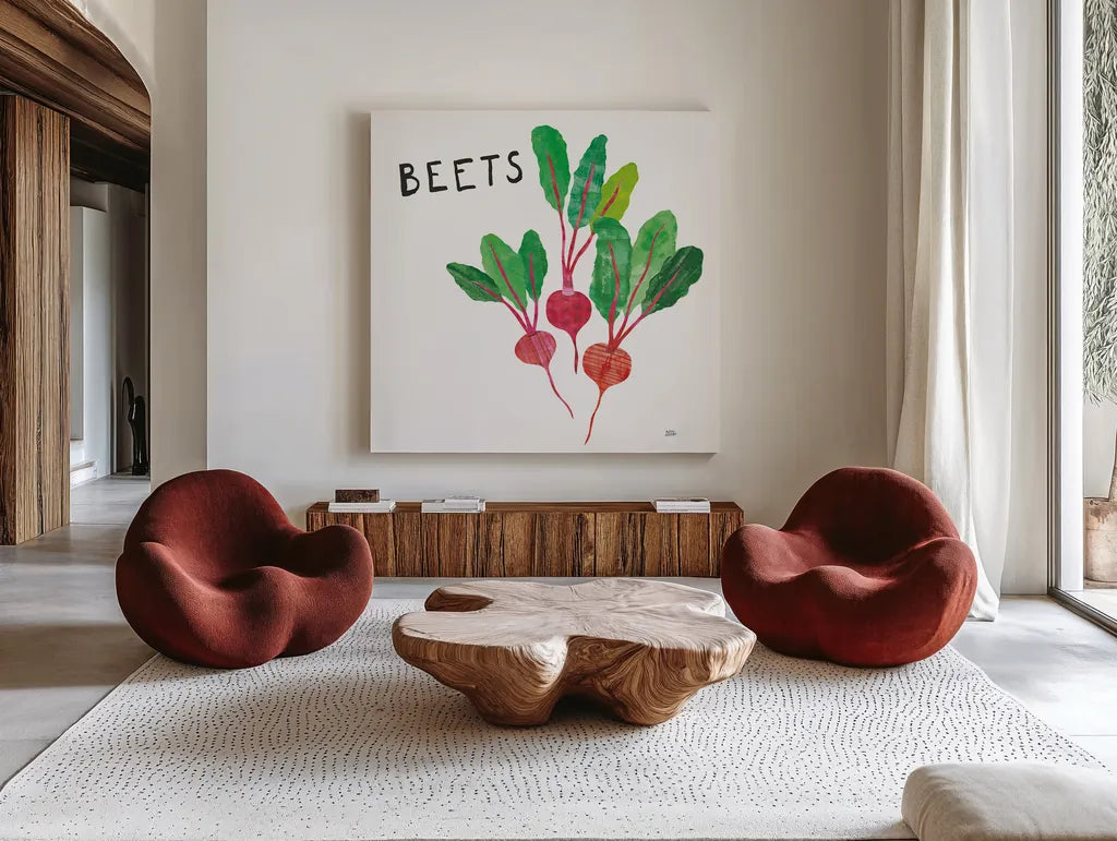 Kitchen Garden V by Melissa Averinos. Shown as extra-large giant wall art in a modern living room. Available as an archival giclee rolled canvas, fine art paper, or poster print. SKU 33388a.