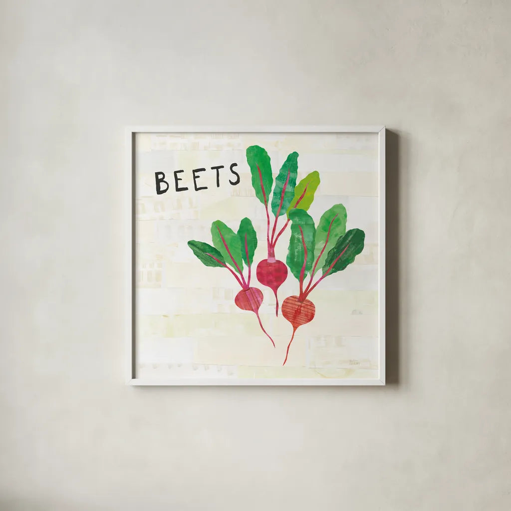 Kitchen Garden V Cream by Melissa Averinos. Shown in a crisp white glass frame for a clean and minimalist style. Available as an archival giclee rolled canvas, fine art paper, or poster print. SKU 35526a.