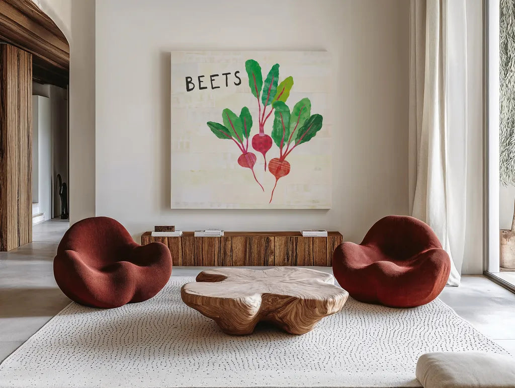 Kitchen Garden V Cream by Melissa Averinos. Shown as extra-large giant wall art in a modern living room. Available as an archival giclee rolled canvas, fine art paper, or poster print. SKU 35526a.