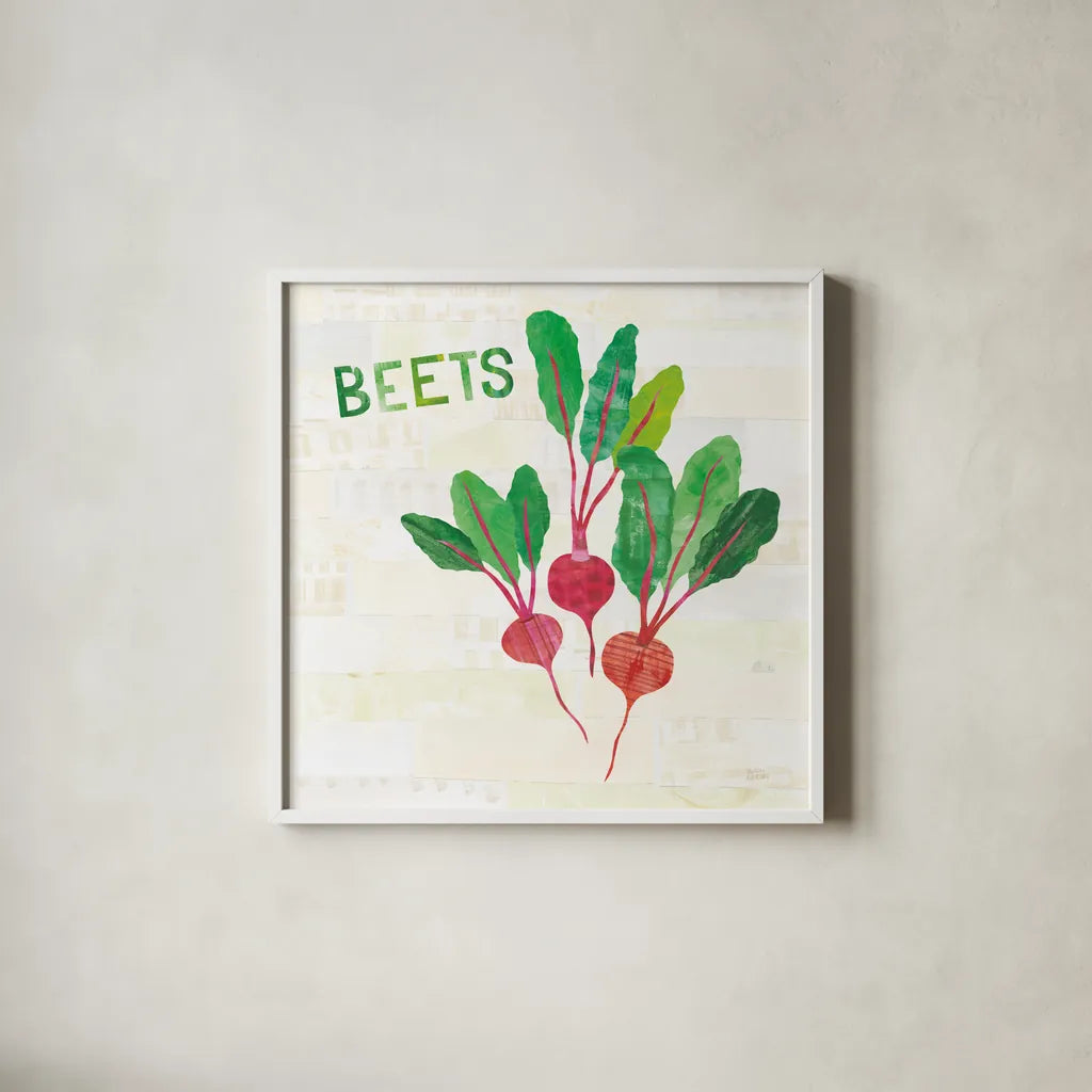 Kitchen Garden V v2 by Melissa Averinos. Shown in a crisp white glass frame for a clean and minimalist style. Available as an archival giclee rolled canvas, fine art paper, or poster print. SKU 56982a.