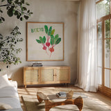 Kitchen Garden V v2 by Melissa Averinos. Shown in a natural wood frame in a cozy modern living room. Available as an archival giclee rolled canvas, fine art paper, or poster print. SKU 56982a.
