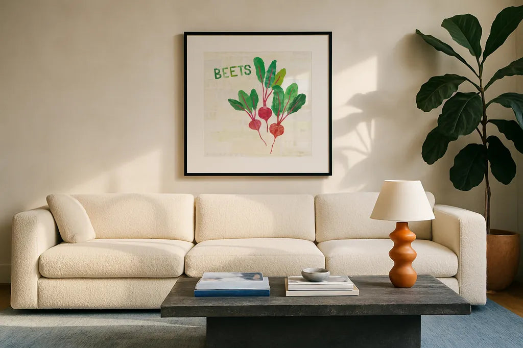 Kitchen Garden V v2 by Melissa Averinos. Displayed in a glass frame with matte in a clean modern living room. Available as an archival giclee rolled canvas, fine art paper, or poster print. SKU 56982a.