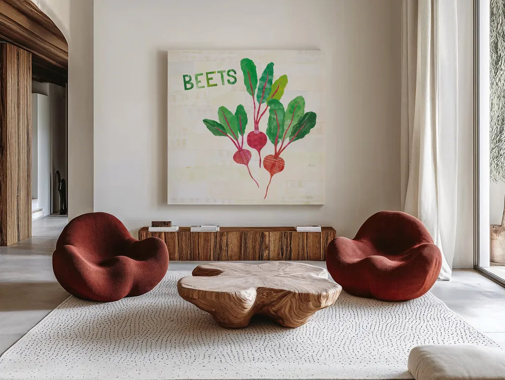 Kitchen Garden V v2 by Melissa Averinos. Shown as extra-large giant wall art in a modern living room. Available as an archival giclee rolled canvas, fine art paper, or poster print. SKU 56982a.