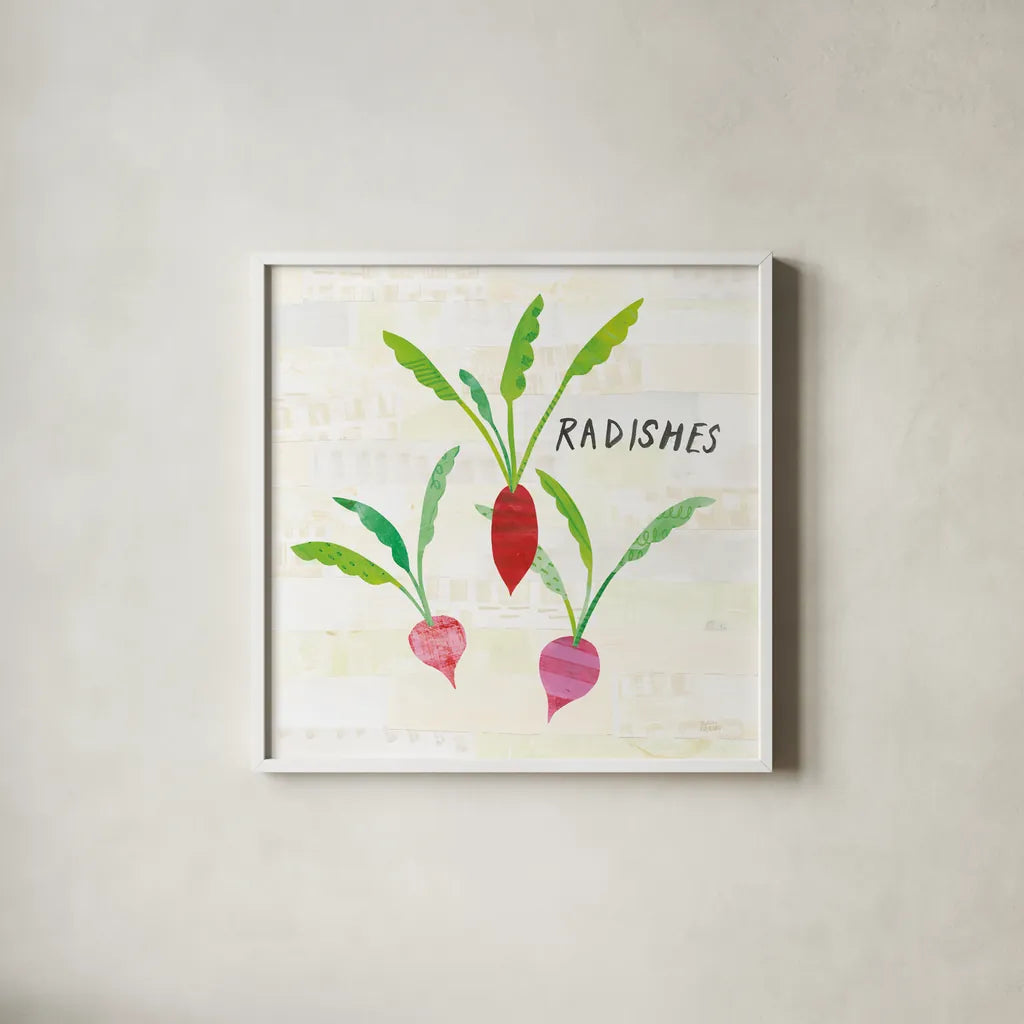 Kitchen Garden VI Cream by Melissa Averinos. Shown in a crisp white glass frame for a clean and minimalist style. Available as an archival giclee rolled canvas, fine art paper, or poster print. SKU 35527a.