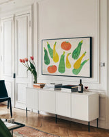 Kitchen Garden VII Cream by Melissa Averinos. shown as a framed stretched canvas in a living room above a console. Available as a archival giclee rolled canvas, fine art paper, or poster print. SKU 35528i.