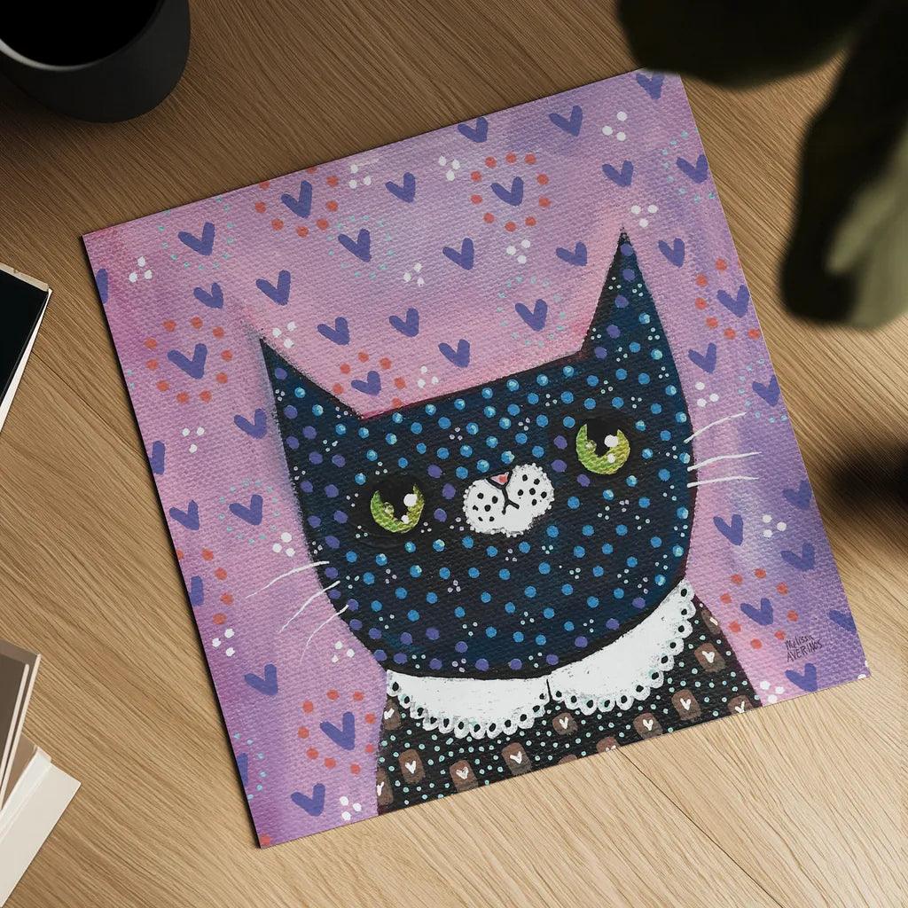 Kooky Cat I by Melissa Averinos. Shown as a detailed flat fine art print, highlighting archival giclee quality. Available as an archival giclee rolled canvas, fine art paper, or poster print. SKU 86836a.