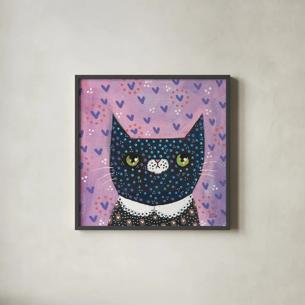 Kooky Cat I by Melissa Averinos. Shown in a sleek black glass frame for a contemporary gallery look. Available as an archival giclee rolled canvas, fine art paper, or poster print. SKU 86836a.