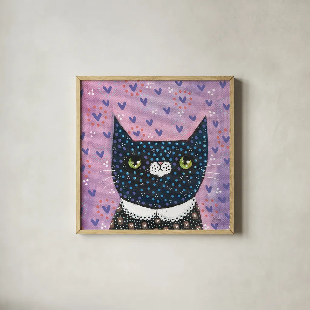 Kooky Cat I by Melissa Averinos. Shown in a natural wood glass frame for a timeless modern aesthetic. Available as an archival giclee rolled canvas, fine art paper, or poster print. SKU 86836a.