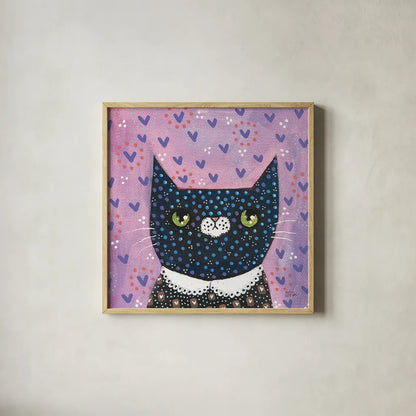 Kooky Cat I by Melissa Averinos. Shown in a natural wood glass frame for a timeless modern aesthetic. Available as an archival giclee rolled canvas, fine art paper, or poster print. SKU 86836a.