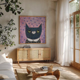 Kooky Cat I by Melissa Averinos. Shown in a natural wood frame in a cozy modern living room. Available as an archival giclee rolled canvas, fine art paper, or poster print. SKU 86836a.