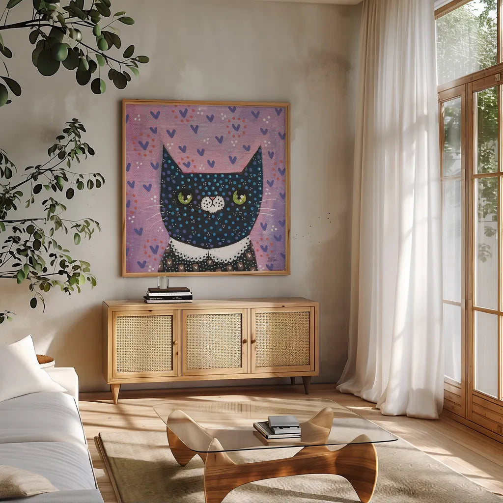 Kooky Cat I by Melissa Averinos. Shown in a natural wood frame in a cozy modern living room. Available as an archival giclee rolled canvas, fine art paper, or poster print. SKU 86836a.