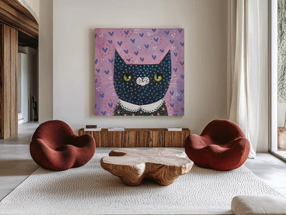 Kooky Cat I by Melissa Averinos. Shown as extra-large giant wall art in a modern living room. Available as an archival giclee rolled canvas, fine art paper, or poster print. SKU 86836a.