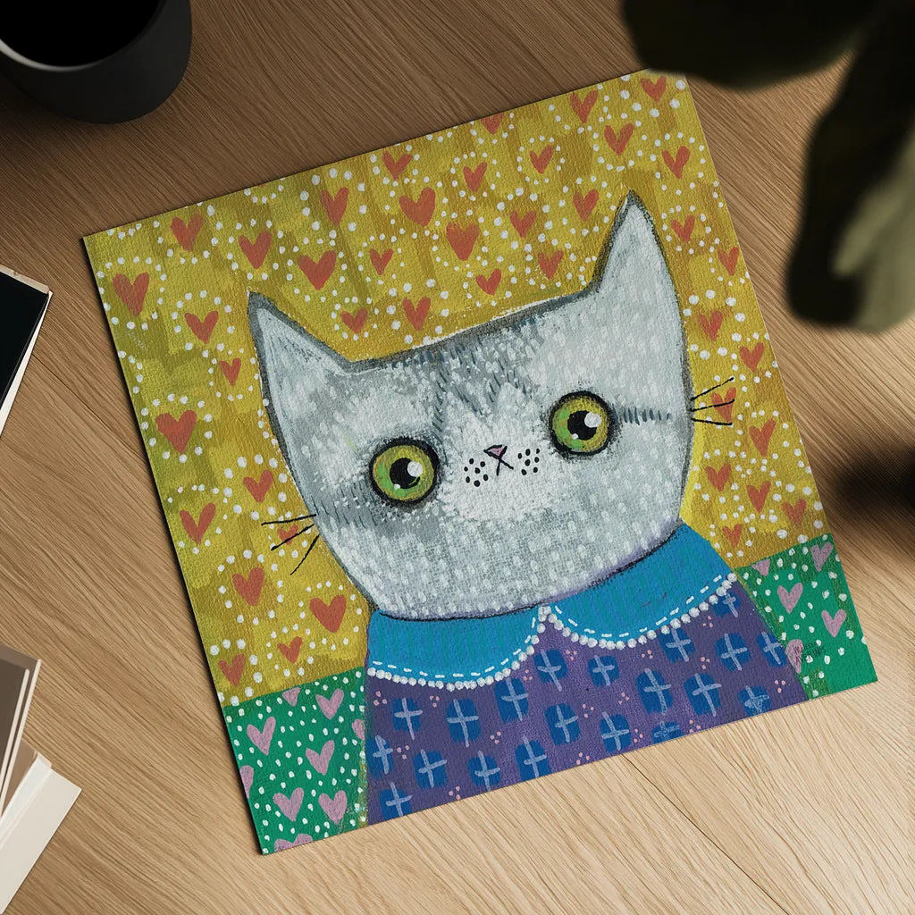 Kooky Cat II by Melissa Averinos. Shown as a detailed flat fine art print, highlighting archival giclee quality. Available as an archival giclee rolled canvas, fine art paper, or poster print. SKU 86837a.