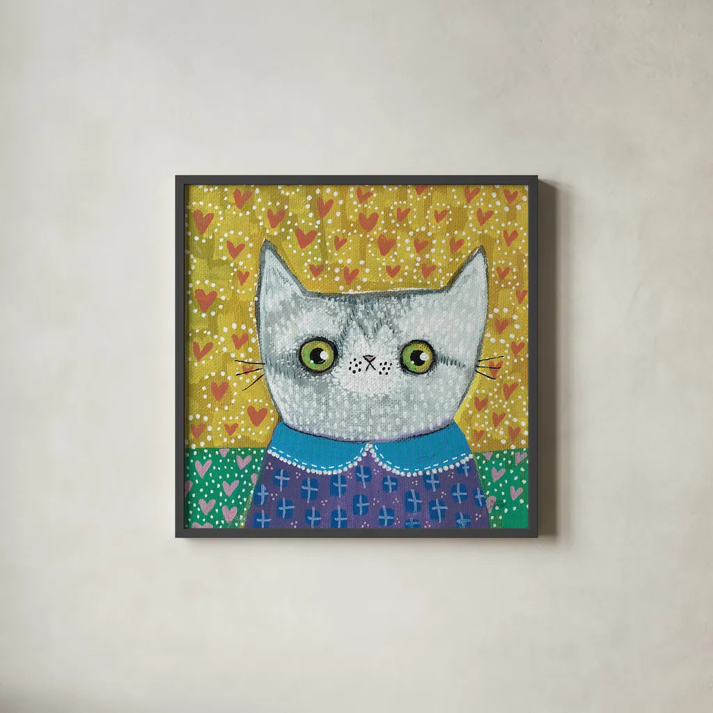 Kooky Cat II by Melissa Averinos. Shown in a sleek black glass frame for a contemporary gallery look. Available as an archival giclee rolled canvas, fine art paper, or poster print. SKU 86837a.