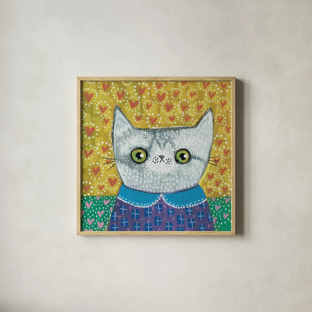 Kooky Cat II by Melissa Averinos. Shown in a natural wood glass frame for a timeless modern aesthetic. Available as an archival giclee rolled canvas, fine art paper, or poster print. SKU 86837a.