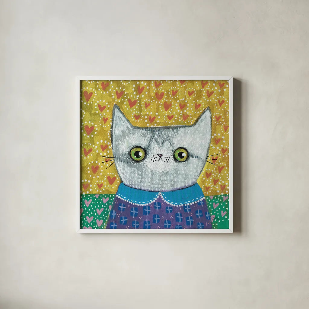 Kooky Cat II by Melissa Averinos. Shown in a crisp white glass frame for a clean and minimalist style. Available as an archival giclee rolled canvas, fine art paper, or poster print. SKU 86837a.