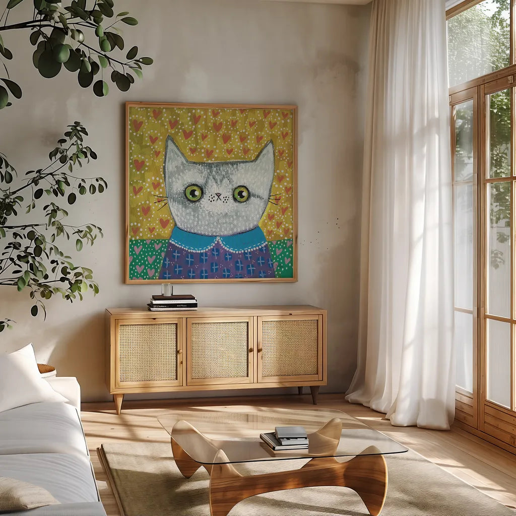 Kooky Cat II by Melissa Averinos. Shown in a natural wood frame in a cozy modern living room. Available as an archival giclee rolled canvas, fine art paper, or poster print. SKU 86837a.