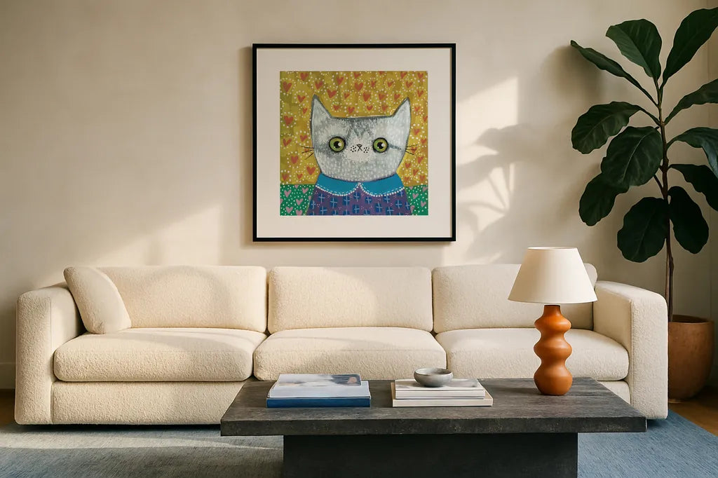 Kooky Cat II by Melissa Averinos. Displayed in a glass frame with matte in a clean modern living room. Available as an archival giclee rolled canvas, fine art paper, or poster print. SKU 86837a.