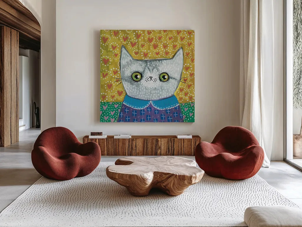 Kooky Cat II by Melissa Averinos. Shown as extra-large giant wall art in a modern living room. Available as an archival giclee rolled canvas, fine art paper, or poster print. SKU 86837a.