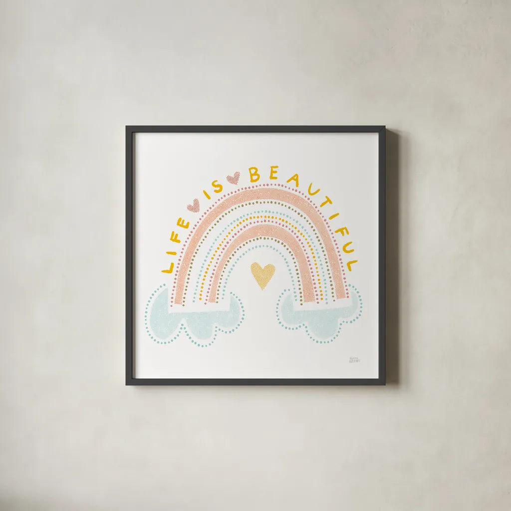 Life is Beautiful by Melissa Averinos. Shown in a sleek black glass frame for a contemporary gallery look. Available as an archival giclee rolled canvas, fine art paper, or poster print. SKU 59988a.