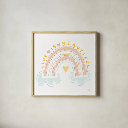 Life is Beautiful by Melissa Averinos. Shown in a natural wood glass frame for a timeless modern aesthetic. Available as an archival giclee rolled canvas, fine art paper, or poster print. SKU 59988a.
